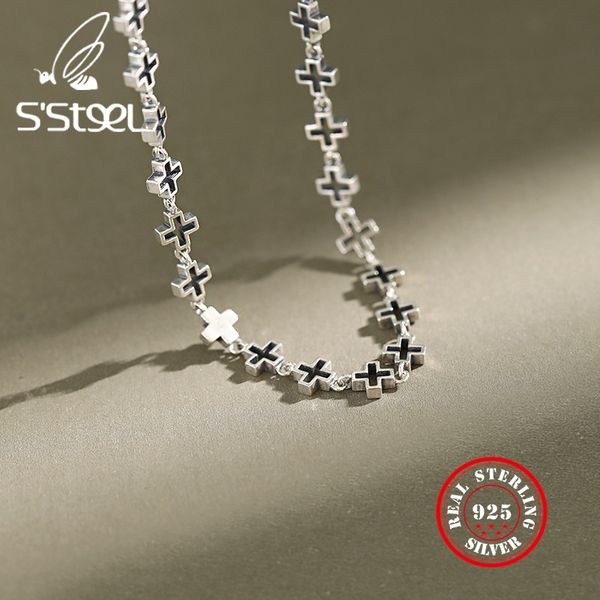

s'steel 925 sterling silver necklaces for women ins retro silver cross chain vintage necklace choker collares minimalist jewelry