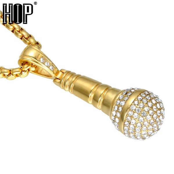 

hip hop gold color titanium stainless steel ice out bling music stereoscopic microphone pendant necklace for men jewelry, Silver