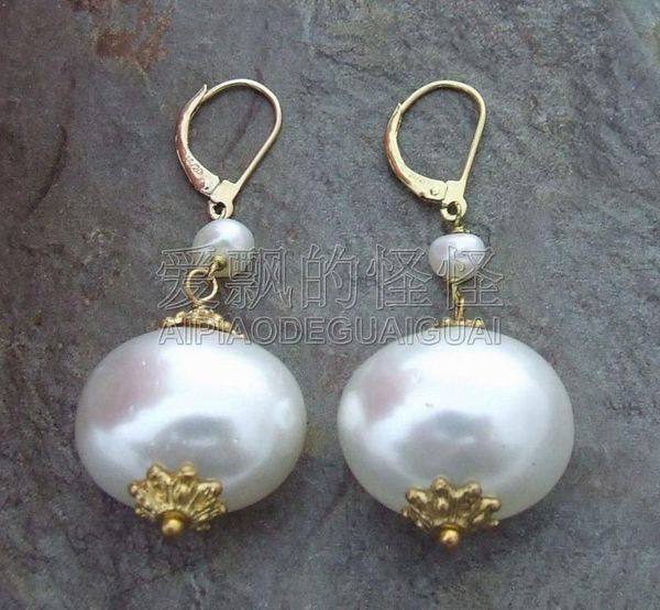 

charm women's 2" white sea shell pearl earrings gp lever black, Golden