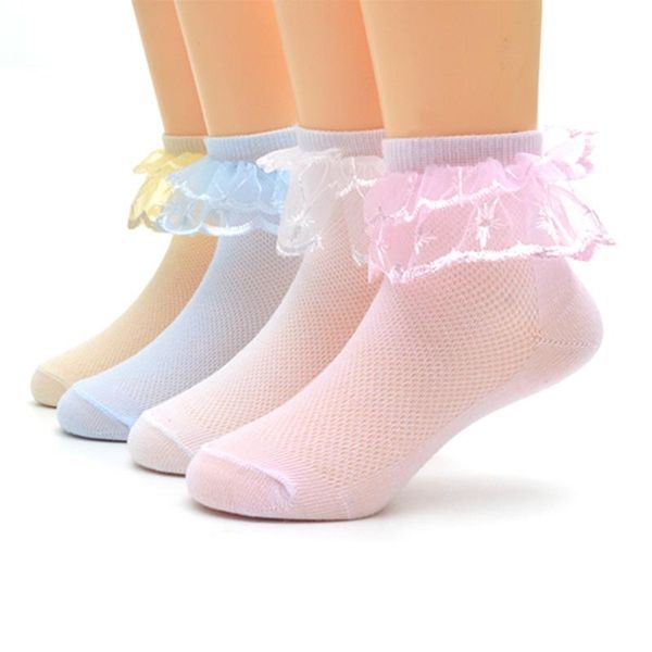 

4 pairs kids ankle cotton socks with lace ruffles trim ankle cut socks for 0-3 year-old girls (wathet & white & pink yellow