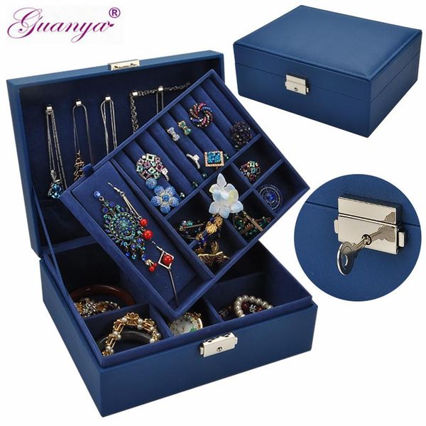 

guanya new leather jewelry box double layers multifunction necklace ring earings bracelet storage box organizer girl gift t190629, Black;white