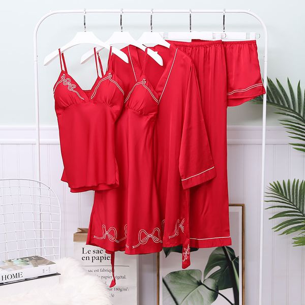 

women's sleepwear novelty sleep set gray wedding robe 5pcs female satin kimono gown nightwear intimate lingerie home clothing, Black;red