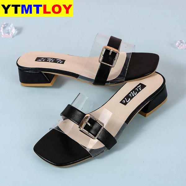 

sandals and slippers women square head rhinestones with slippers women 2020 summer new korean version of the size 34-42, Black