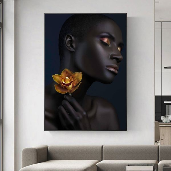 

african golden makeup black girls pop art canvas paintings wall art pictures for living room home decor (no frame