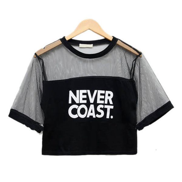 

casual women see through crew neck short sleeve loose crop t shirts 2020 drop shipping, White