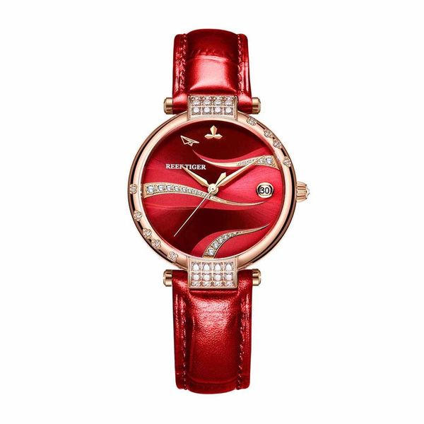 

reef tiger/rt 2020 automatic watches women rose gold case red genuine leather strap day automatic diamond rga1589