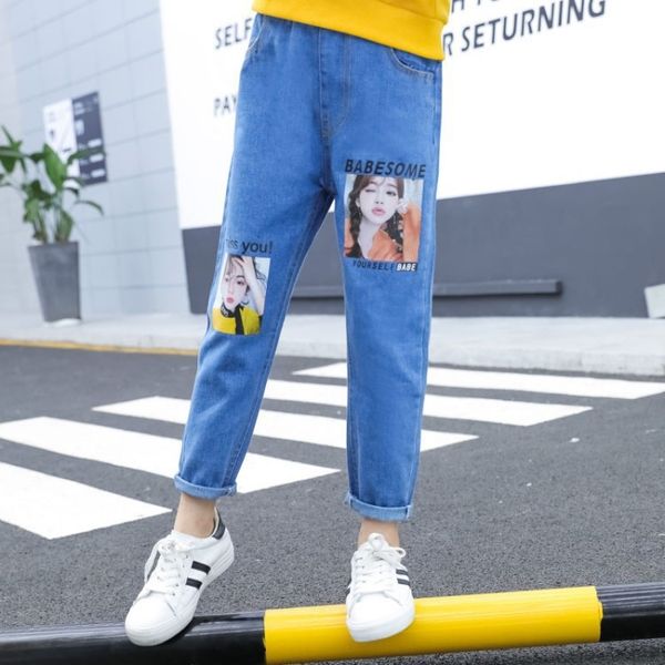 

jeans 2020 autumn printed beauty autumn medium and large jeans children's panty pants children's clothing korean pants, Blue