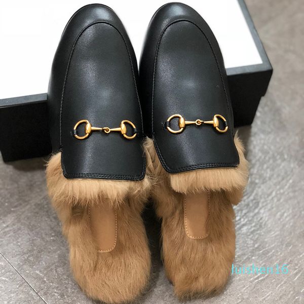 

fashion men slippers leather fur slippers women genuine leather flat mules shoes metal chain casual shoes loafers outdoor slippers1 l16, Black