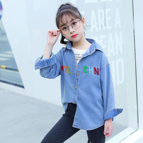 

qouwy 2020 new korean tong chen shan tong chen shan shirt girls' medium and large children's letter denim shirt fashionable childr, White;black
