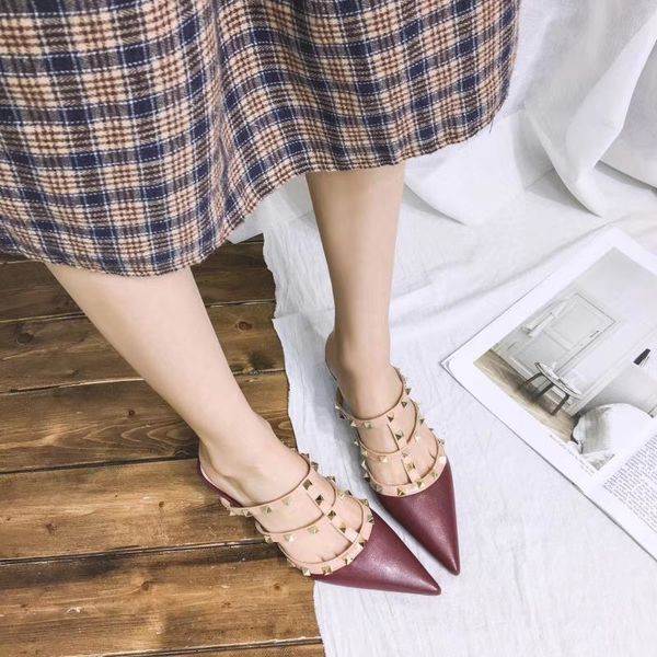 

rivet slippers women mules ladies slides pointed toe shoes women fashion designer flat slippers spring 2019 cs05, Black