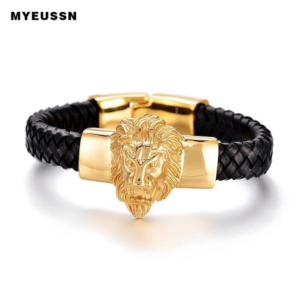 

gold lion king head bracelet 316l stainless steel black weaving leather men bracelet hip hop charm father's day gift
