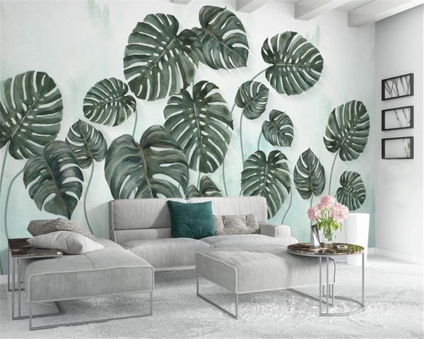 Wall Papers Home Decor Малый свежий зеленый лист растения Акварели ТВ фоне стены Премиум Атмосферный интерьера обои