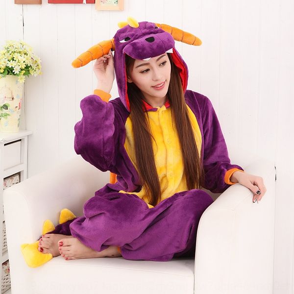 

purple dragon flannel cartoon animal one-piece toilet version flannel wear home clothes home pajamas nightgown pajamas, Blue;red
