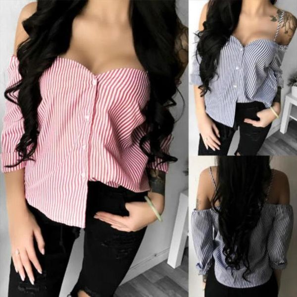 

лето blusa feminina женщины блузы sexy cold shoulder stripedl печать v шея короткая блузка топы blusas mujer de moda 2020 новый, White