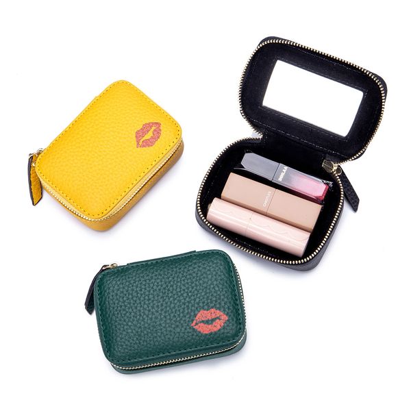 

fashion designer genuine leather small mini lipsticks purse coin key bag mirror mini makeup wallet for women female, Red;black