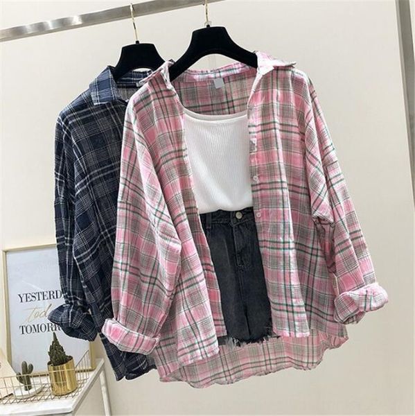 

hipster loose large size plaid long sleeve women's shirt season new korean style student sweet fashion all-match shirt, White