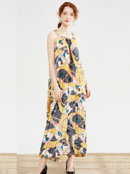 

women leisuire dress halter neck pleated fashion summer retro printing dresses lady's casual dress a, Black;gray