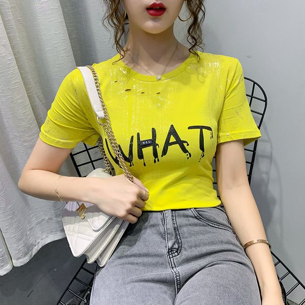 

летняя мода корейской одежды футболки sexy бронзировать письмо hole женщины топы ropa mujer хлопок короткие рубашка тройников 2020 новые, White