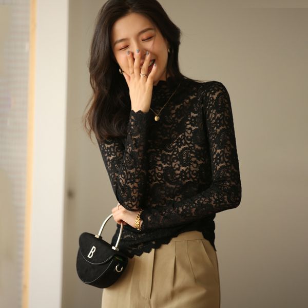 

women's blouses & shirts women lace long sleeve shirt elegant office lady korean fashion clothing ins style hollow out blousas fema, White