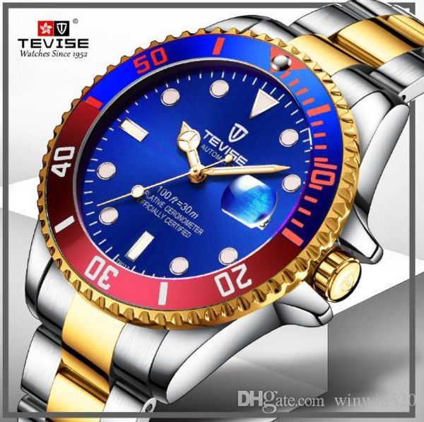 

2019 treaure mens dress watches luxury tevise business men automatic mechanical stainless steel calendar military watch, Slivery;brown