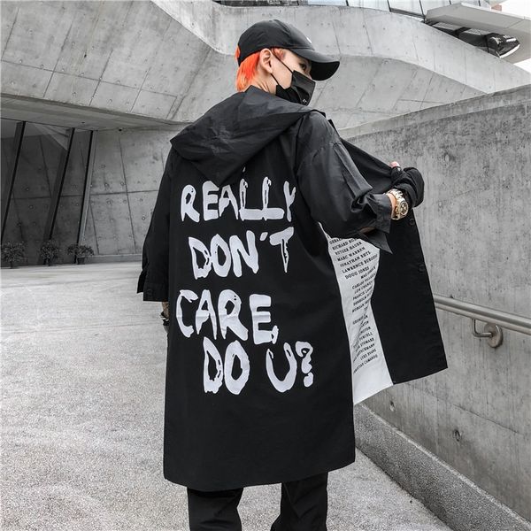 

men's autumn hip-hop dark high street hooded windbreaker trench coat jacket mid-sleeve loose jacket, Tan;black