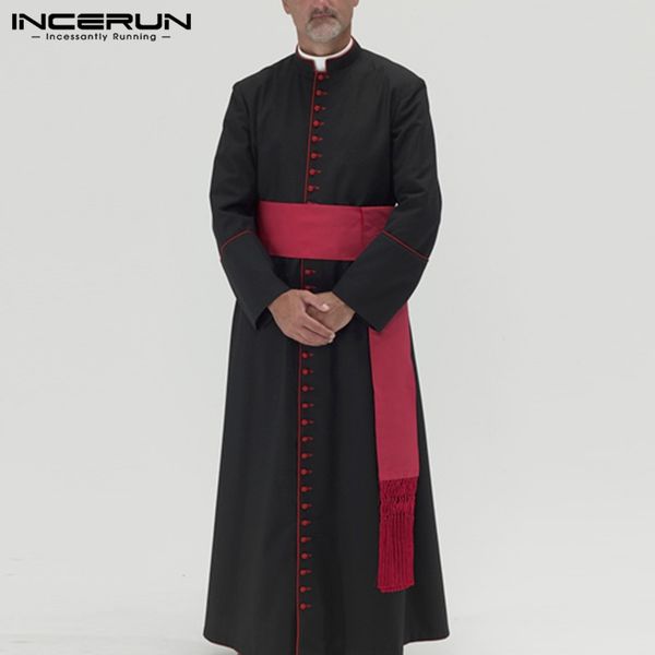 

incerun men vintage robes stand collar muslim kaftan robes long sleeve buttons jubba thobe casual solid color arabic clothes 5xl, Red