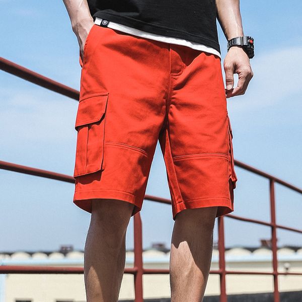 

2020 summer red fashion multi-pockets men's cargo shorts straight loose casual shorts male short pants, White;black