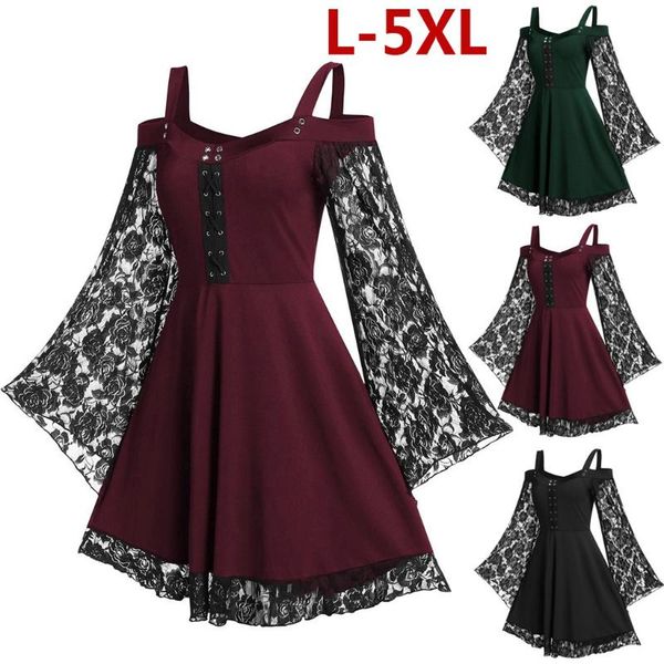 

vintage medieval robe cosplay costume dress fashion women flare sleeve cross corn cold shoulder lace up insert sling dress#g3, Black;gray