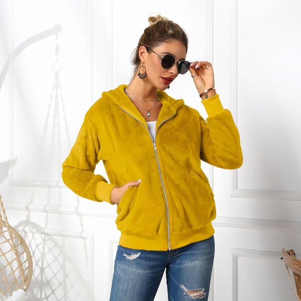 

women's fur & faux 2021 autumn winter hooded short jackets women long sleeve plush slim casual plus size overcoat female zipper warm co, Black