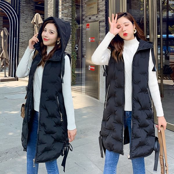 

4myro новый вниз хлопок женщин средней длины с капюшоном корейский стиль жилет хлопка клип теплый жилет хлопка мягкий жилет случайные теплый, Black;white