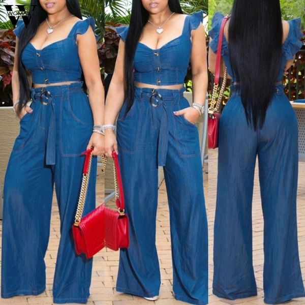 

womail women club suit sets solid color lotus leaf sleeves shirt pants denim two-piece suit sets s-xxl, Gray