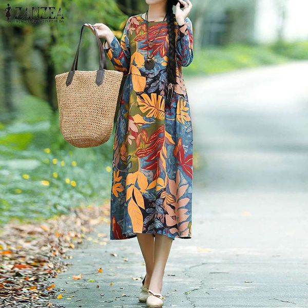 

casual dresses 2021 autumn floral printed bohemian dress zanzea women long sleeve sundress vintage o neck party vestidos female robe 5xl, Black;gray