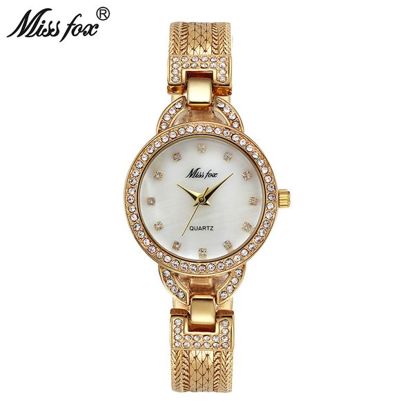 

missfox woman small watch cute pearl shell c luxury women gold watches fashion steel mesh rhinestone sweet style quartz watch, Slivery;brown