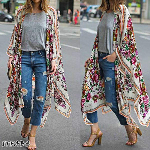 

women loose floral print blouse summer casual boho chiffon coat shawl kimono cardigan plus size 3xl, White