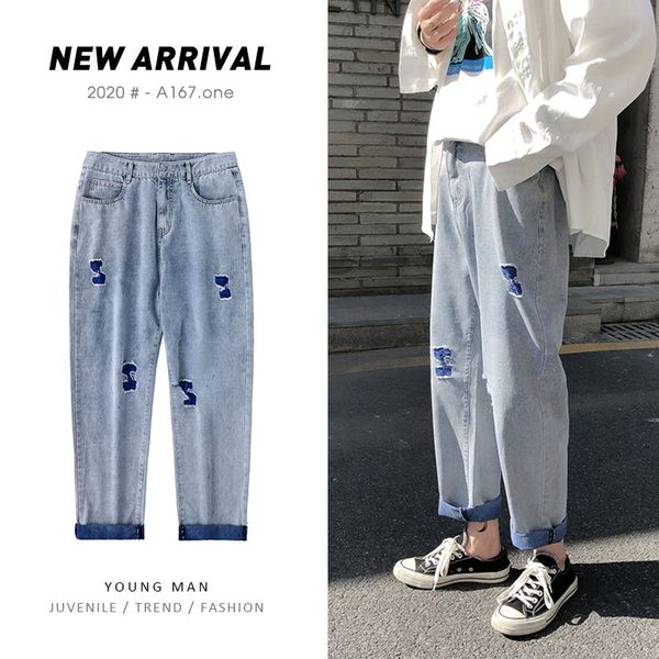 

весна лето рваные джинсы мужская мода ретро повседневные прямые джинсы мужчины streetwear wild дряблая hip hop hole denim брюки -5xl, Blue