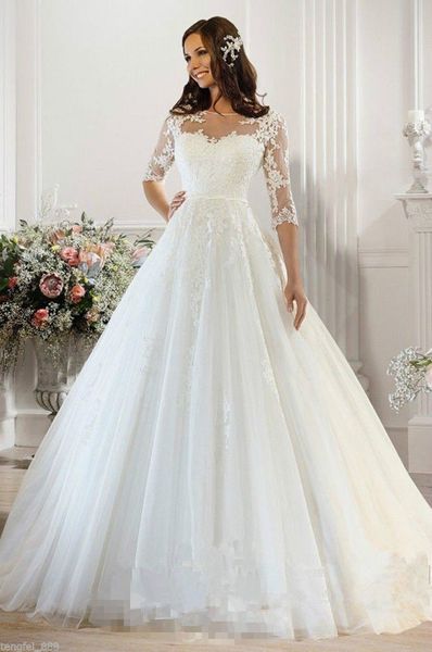 

wedding dresses bridal ball gowns puffy lace appliques half sleeves wedding gowns v neck petites plus size, White