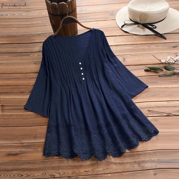 

2020 women plus size vintage blouse jacquard half button shirts three quarter lace v neck shirt solid blusas mujer bb4, White