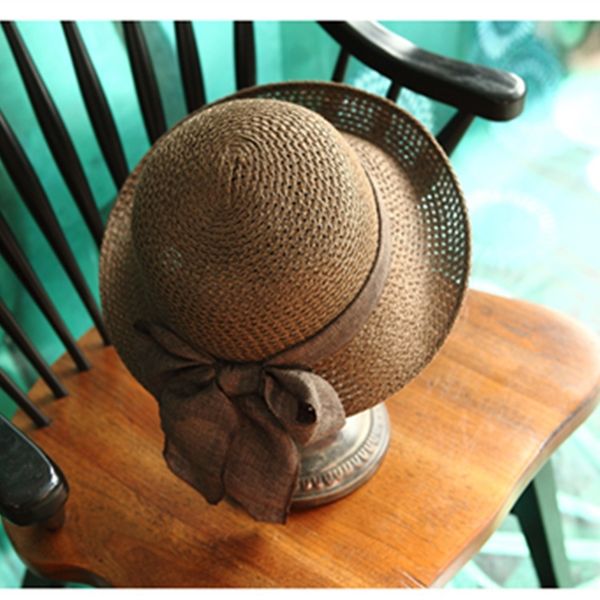 

beach sun women's summer casual bowknot butterfly straw korean sun hat sunscreen foldable straw hat, Blue;gray