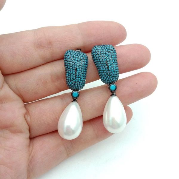 

women's 2.6'' 12x17mm white sea shell pearl blue cz pave earrings, Golden