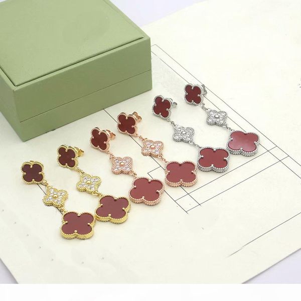 

r europe america fashion lady women brass vintage tassels 3 motifs multicolor stones and diamond four leaf flower stud earrings 3 color, Golden;silver