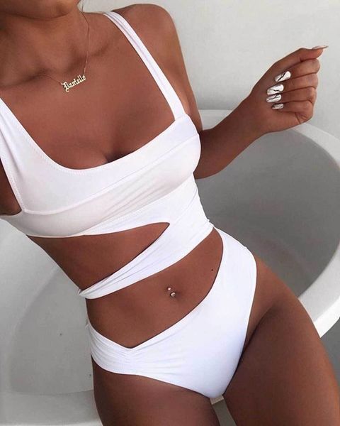 

2019 new solid color one-piece solid color one-piece knotted swimsuit bikini women's hollow-out swimsuit bikini, Black