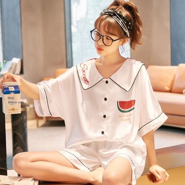 

ice silk pajamas women's korean-style thin silk-like sweet pajamas wool wool cute short-sleeved small lapel cardigan home suit, Blue;red