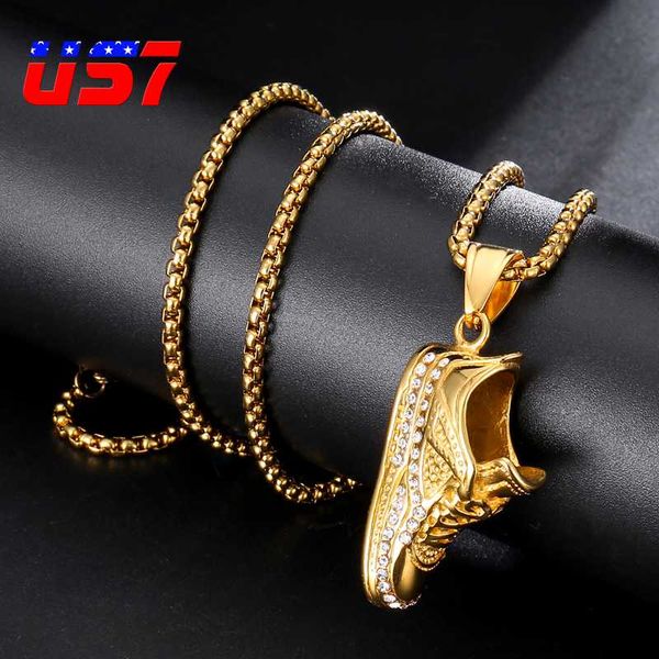 

us7 bling iced out shoes pendant necklace 316l stainless steel full rhinestone necklaces&pendants for men jewelry, Silver