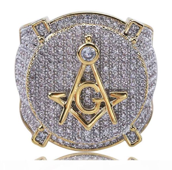 

s luxury hip hop ason symbol masonic rings mens micro pave cubic zirconia bling bling simulated diamonds 18k gold plated ring, Golden;silver