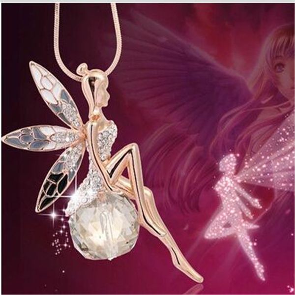 

angel's wing sweater chain necklace ballet girl necklace cubic zirconia jewelry gift for friend, Silver