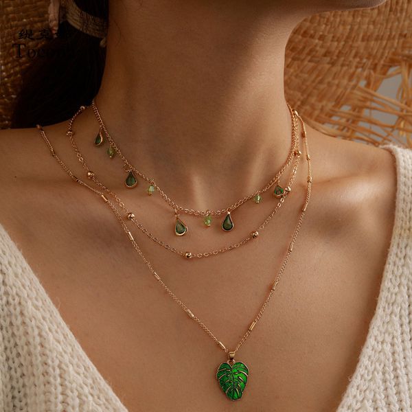 

bohemian green leaf pendant necklace water drop shiny rhinestone chain choker multi-layer necklace for women jewelry, Silver