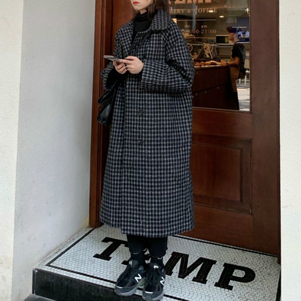 

women autumn winter black plaid loose long wool coat straight turn-down collar woolen overcoat single breasted elegant jacket