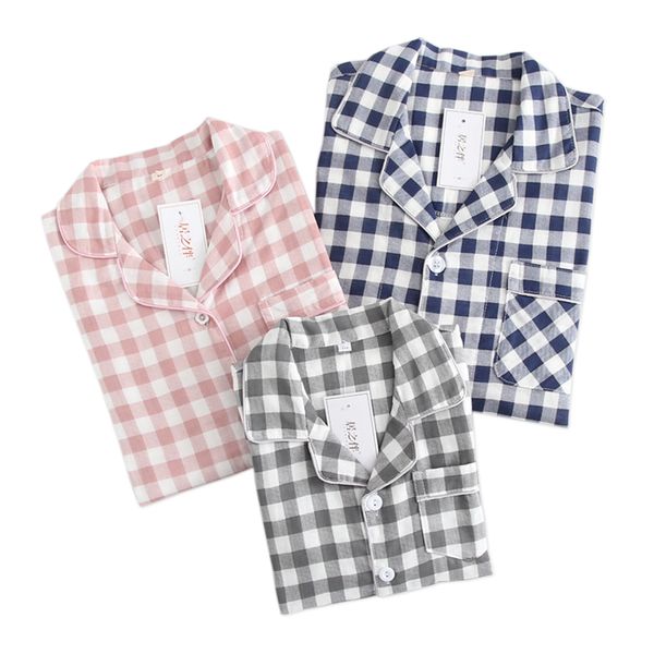 

новый простой плед 100% любителей семьи марли хлопка пижамы наборы женщин и мужчин родитель-ребенок снаряжение с длинным рукавом пижамы мужч, Blue