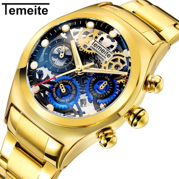 

temeite big case quartz watch men 3 sub-dials decoration unique blue dial metal strap mens watches top, Slivery;brown