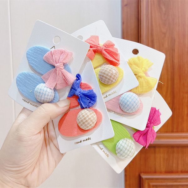 

2 pcs children simple cute candy color button bow oval bb clip fashion sweet girl princess fabric barrettes hair accessories, Slivery;white